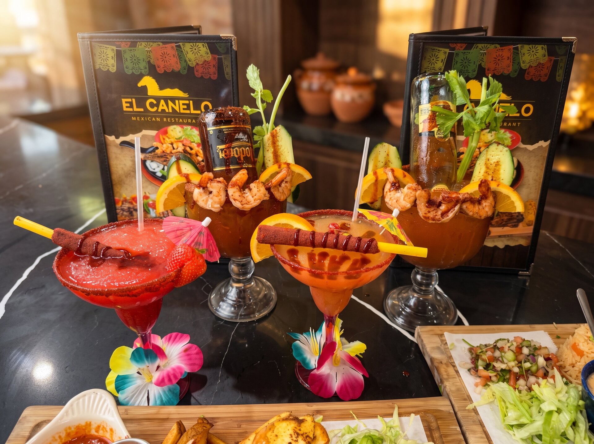 Loaded michelada with shrimp on the rim