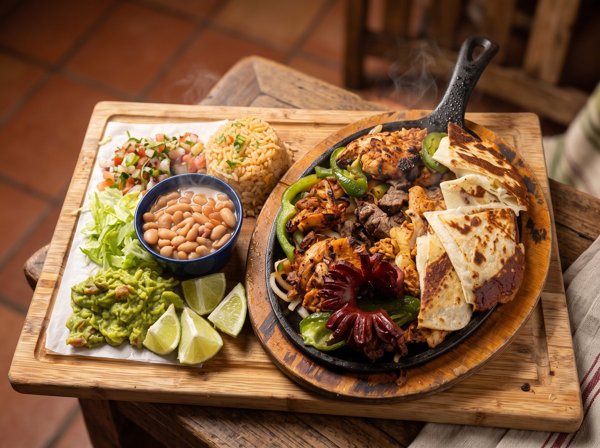 Parrillada botana with guacamole and beans