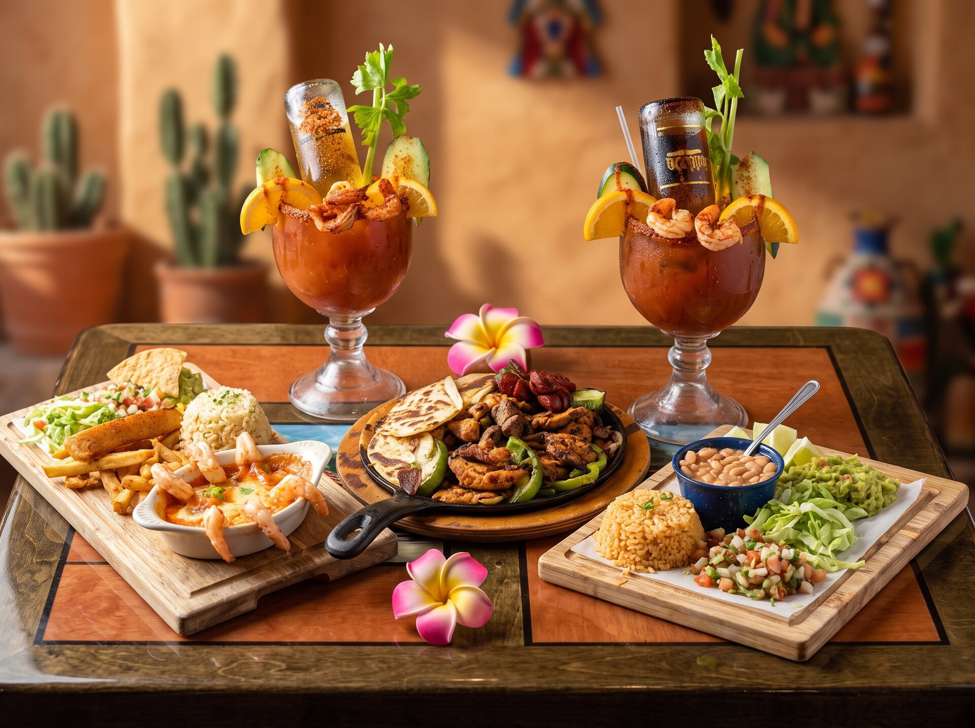 Micheladas and mariscos spread