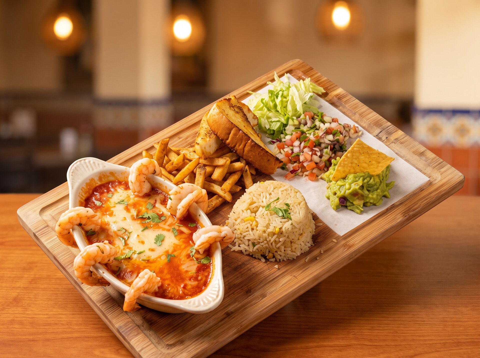 Camarones with rice and guacamole