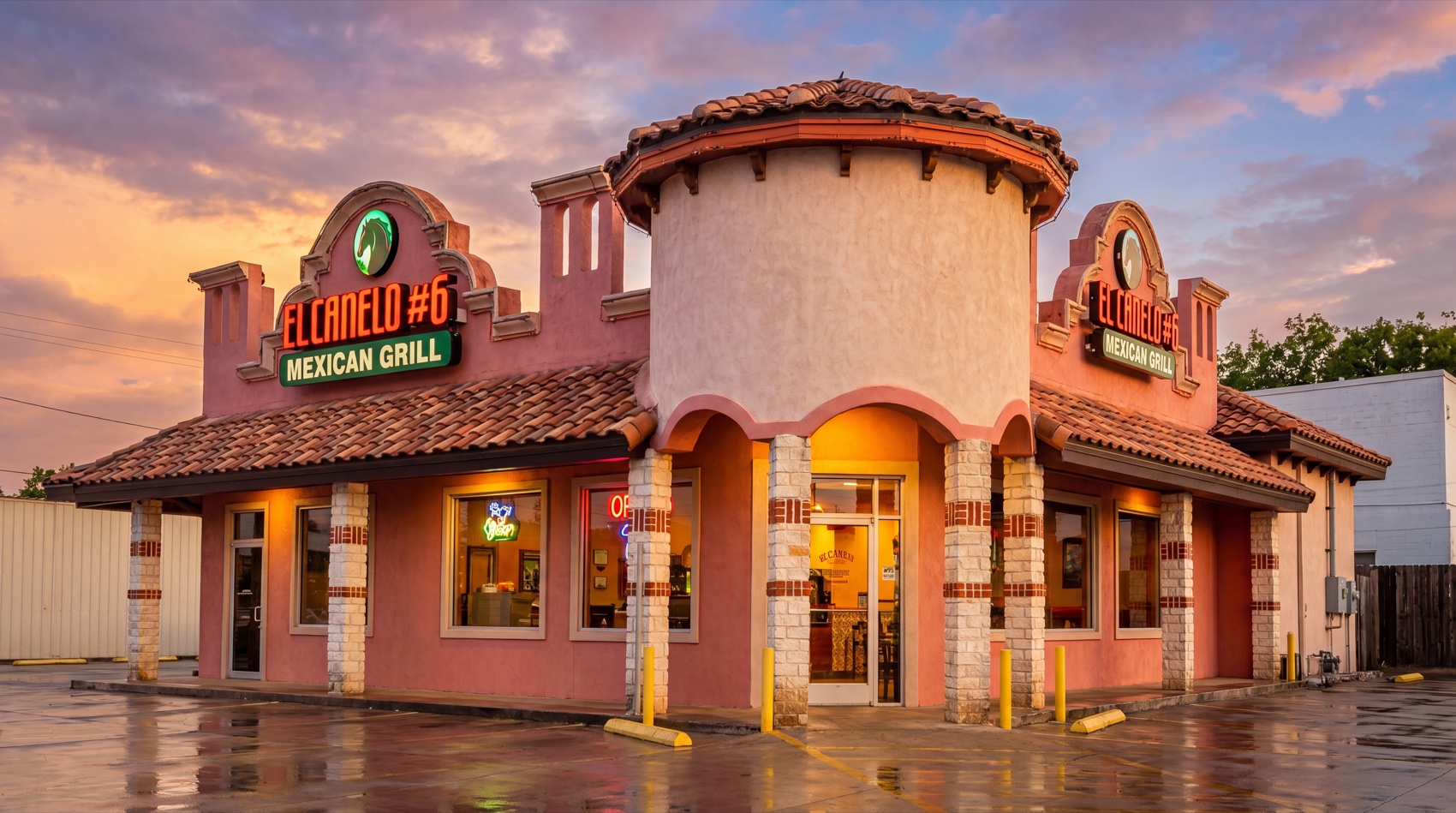 El Canelo #6 exterior at dusk — golden sky